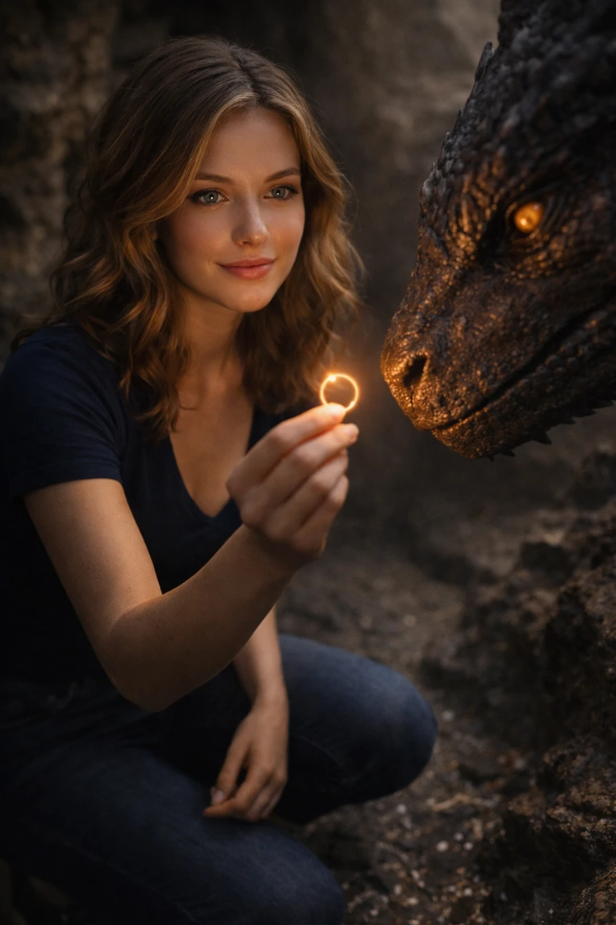 Cinematic Cave Dragon Ring Interaction Ultra Realistic Photography AI generation example for Cinematic Portrait - {
  "subject": {
    "description": "Oval face shape with a light complexion and no visible blemis...