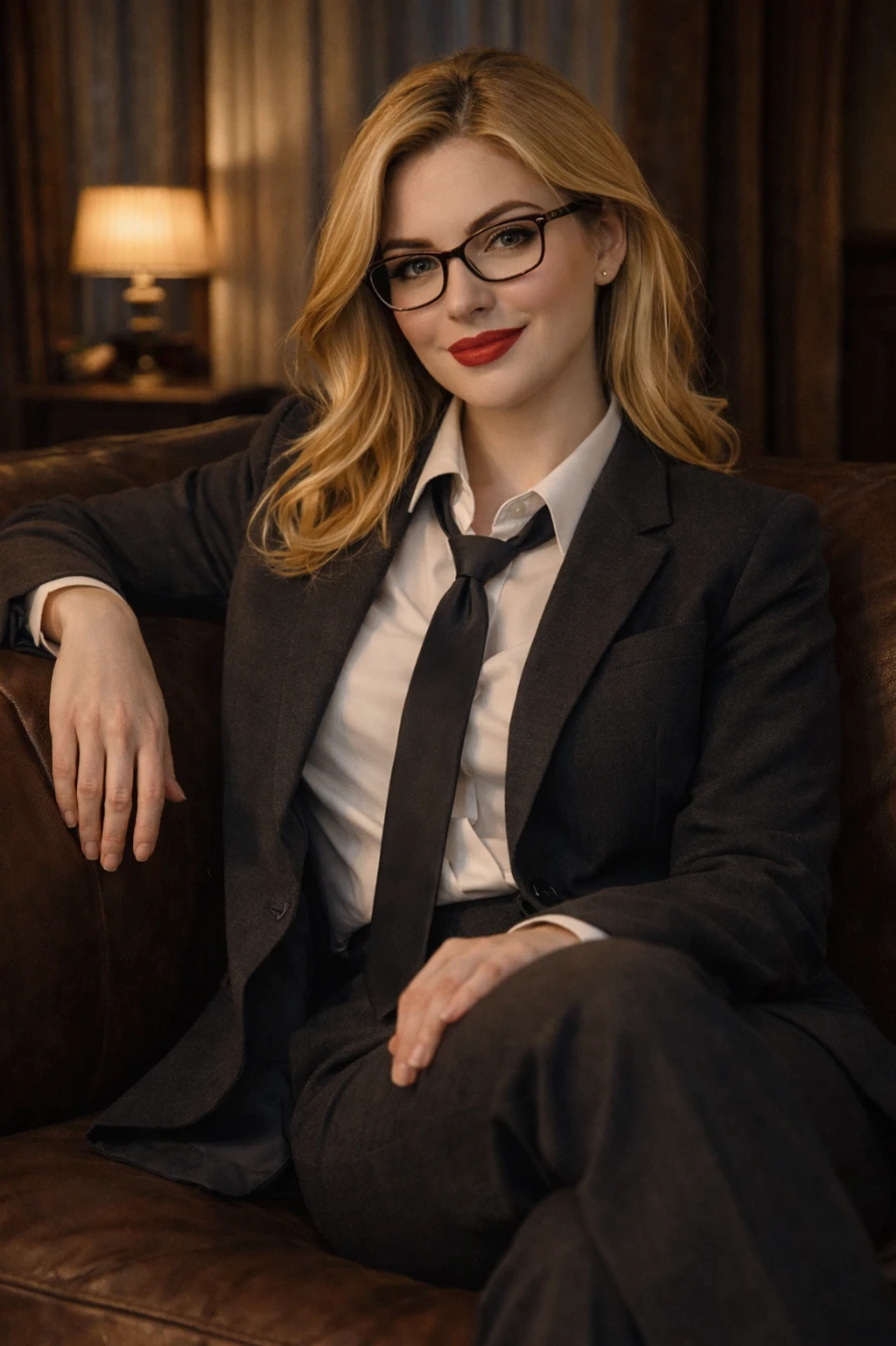 Confident Woman in Suit Photorealistic Portrait Midjourney AI generation example for Female Portrait - {
  "subject": {
    "description": "Person with light skin, seated comfortably on a leather couch...