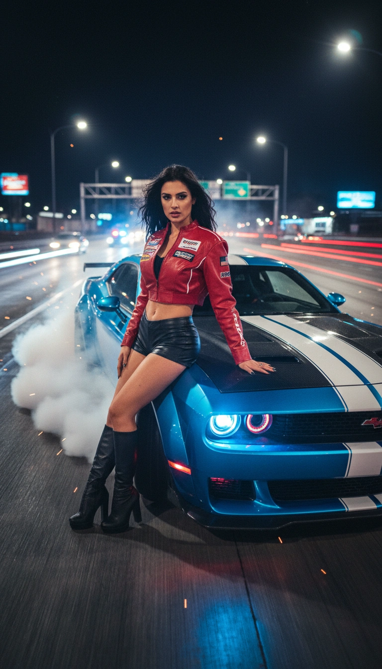 Street Racing Girl Car Portrait Cinematic 8K AI generation example for Car Portrait - Create an **8K vertical 9:16 hyper-realistic cinematic scene inspired by the street-racing aesthetic...