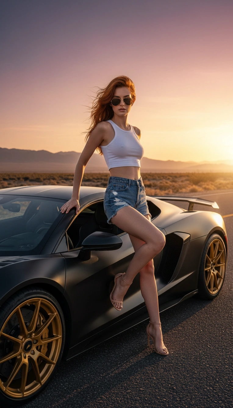 Desert Supercar Editorial Car Portrait Cinematic AI generation example for Car Portrait - Generate an 8K vertical 9:16 ultra-realistic cinematic editorial photo of a confident red-haired mod...