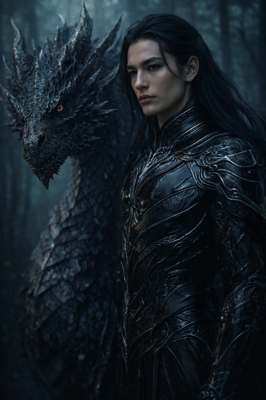 Dark Dragon Guardian Cinematic Portrait AI generation example for Cinematic Portrait - **SUBJECT DESCRIPTION:** The main subject is a person with long, flowing dark hair, styled sleekly. ...