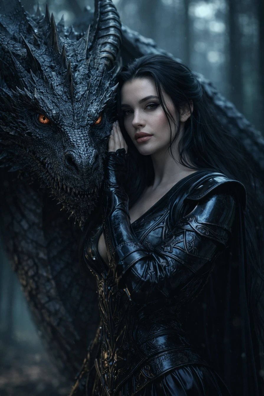Dark Dragon Guardian Cinematic Portrait Photorealistic 8K AI generation example for Cinematic Portrait - Ultra-realistic cinematic fantasy portrait of a powerful woman standing closely beside a massive dra...