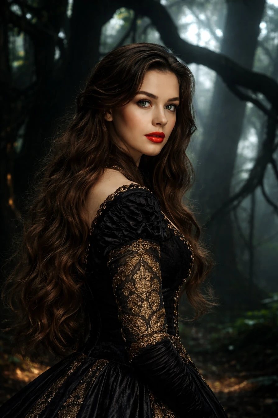 Dark Gothic Forest Cinematic Portrait Photorealistic 8K AI generation example for Cinematic Portrait - Ultra-realistic cinematic portrait of a mysterious gothic woman standing in a dark enchanted forest,...