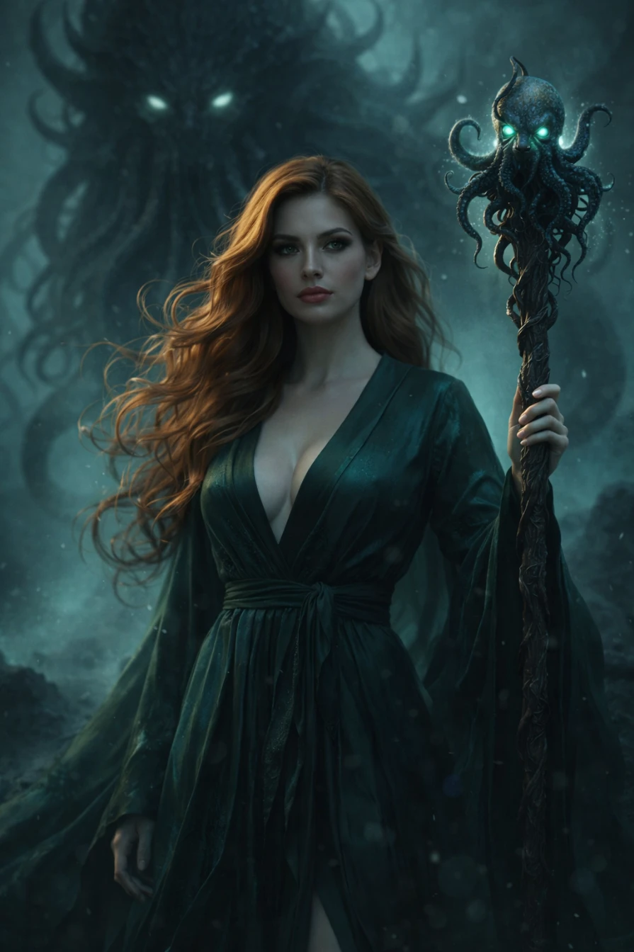 Dark Sorceress Abyss Cinematic Portrait AI generation example for Cinematic Portrait - **SUBJECT DESCRIPTION:** A female figure with flowing auburn hair that cascades in waves. Her expres...