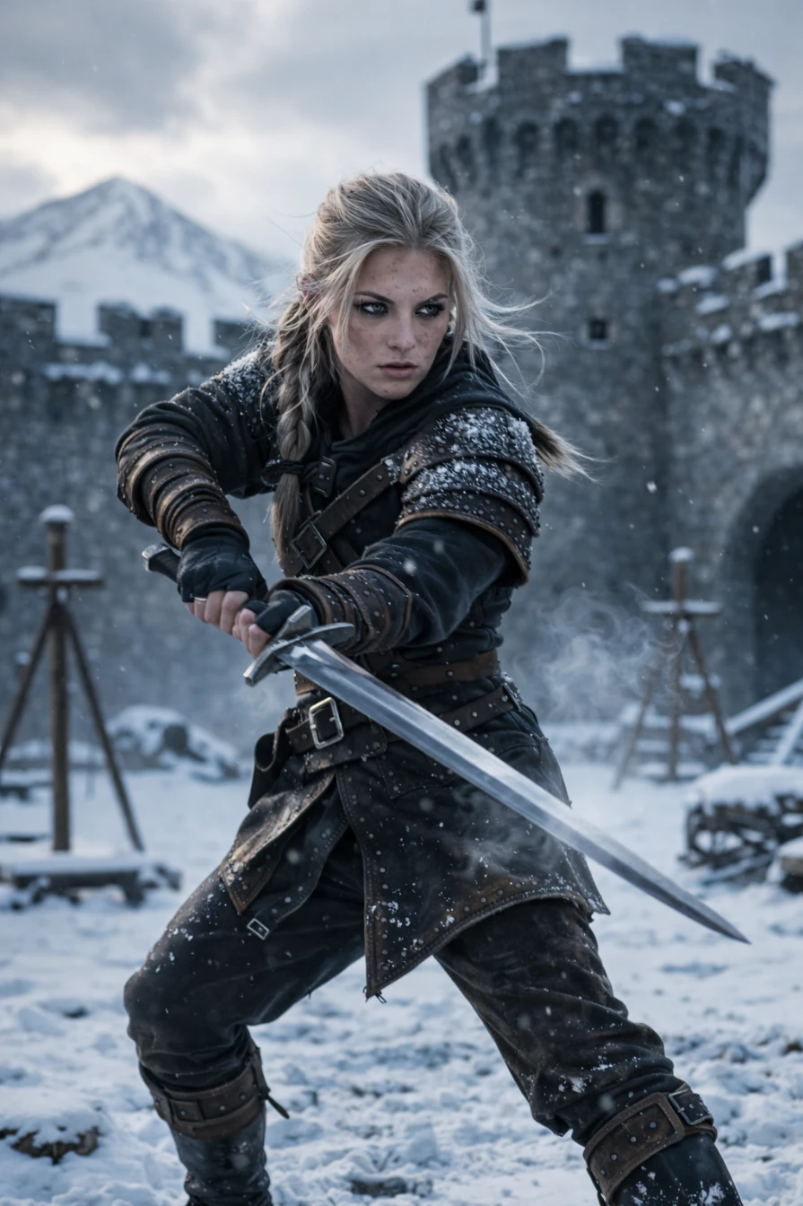 Ice Warrior Woman Cinematic Portrait Photorealistic 8K AI generation example for Cinematic Portrait - Ultra-realistic cinematic portrait of a fierce female warrior standing in a snowy medieval fortress ...