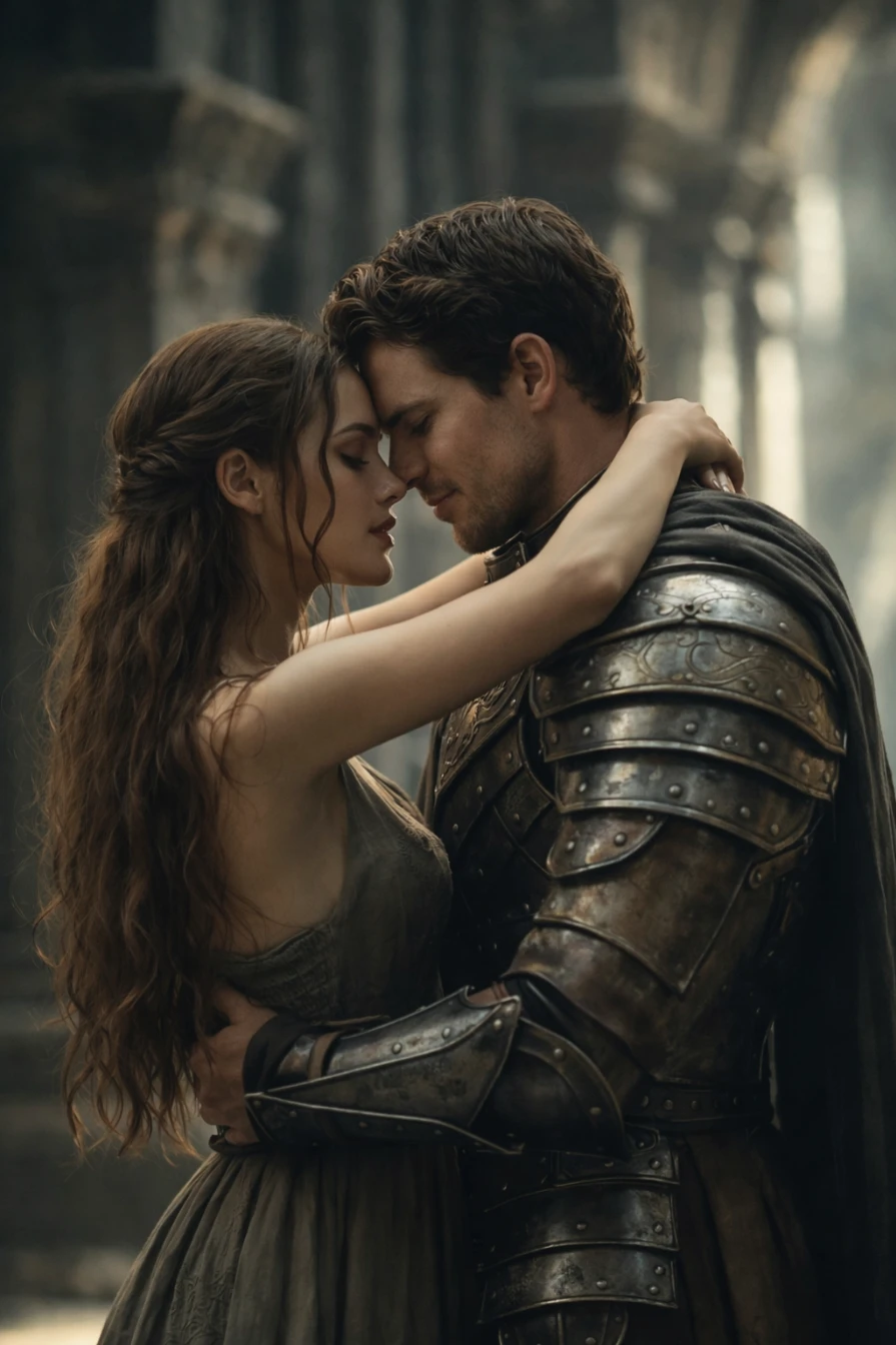 Medieval Warrior Romance Cinematic Portrait Photorealistic AI generation example for Cinematic Portrait - Ultra-realistic cinematic portrait of a romantic medieval couple embracing intimately inside an anci...