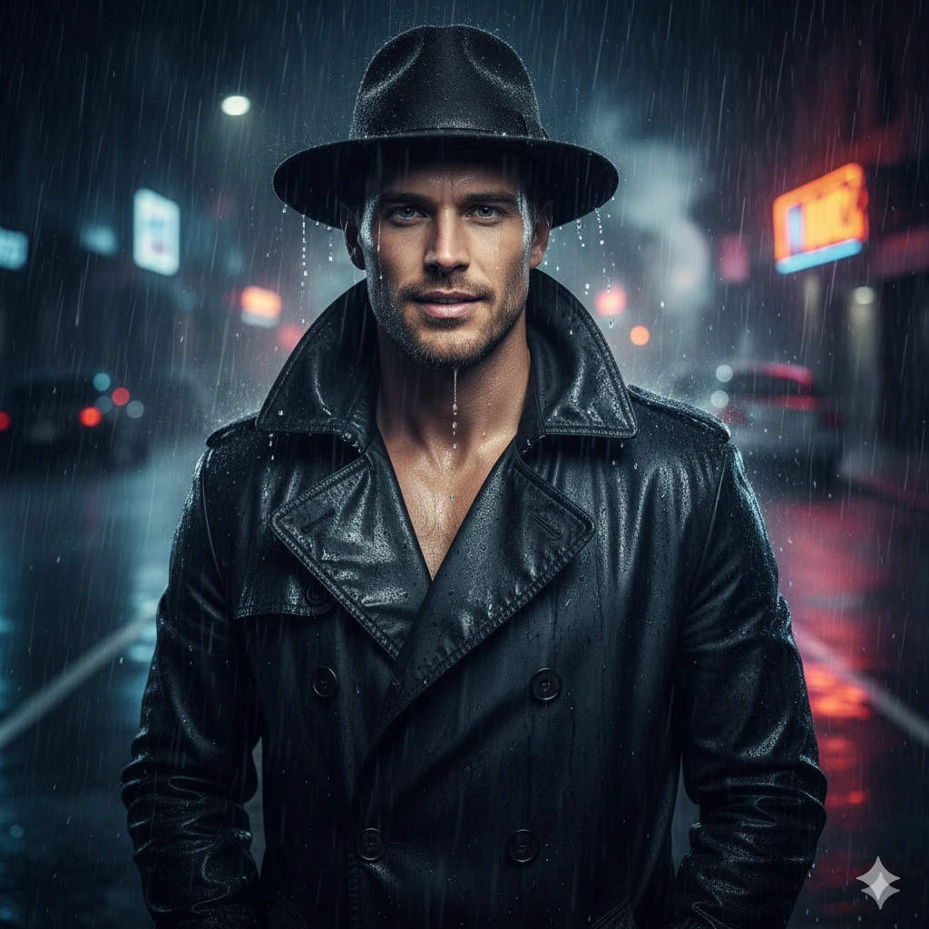 Neon Night Cinematic Cinematic Portrait Portrait AI generation example for Cinematic Portrait - PROMPT: Create a dramatic cinematic portrait of a confident young man standing in heavy urban rain a...