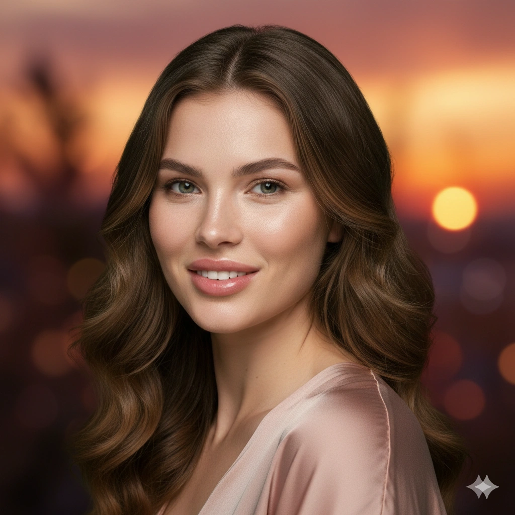 Sunset Cinematic Female Portrait AI generation example for Cinematic Portrait - PROMPT: Generate a soft romantic cinematic portrait of the young woman bathed in gentle warm light, ...