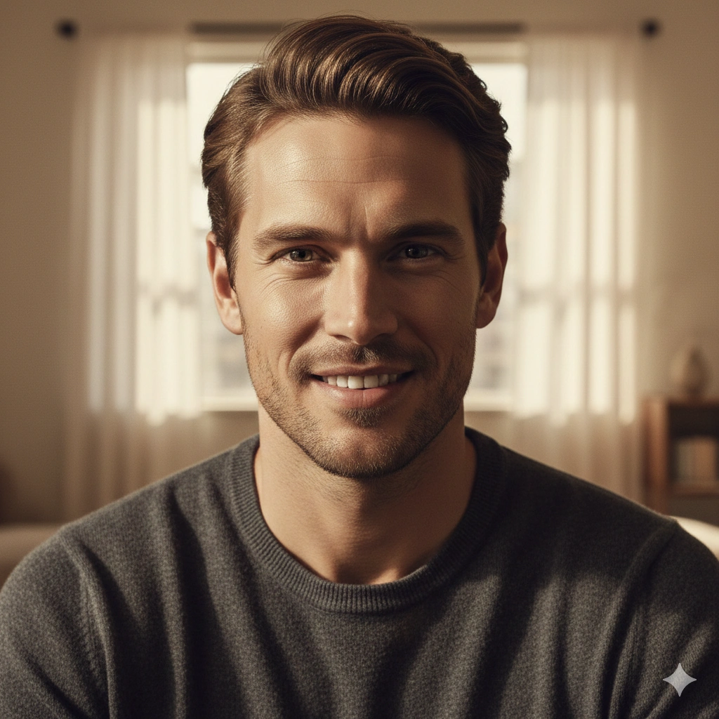 Cinematic window light Portrait AI generation example for Cinematic Portrait - PROMPT: Compose an intimate cinematic portrait of the young man in natural window light, with soft s...