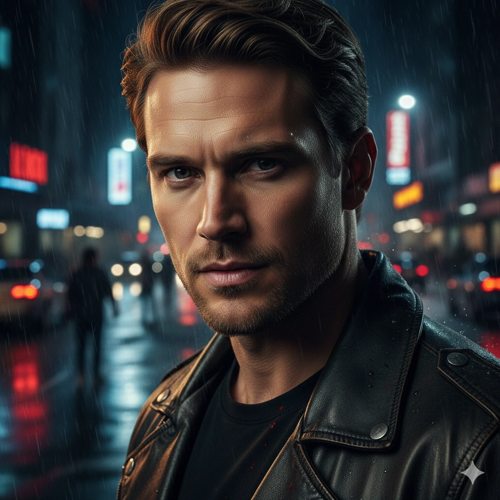 Action Movie Cinematic Portrait AI generation example for Cinematic Portrait - PROMPT: Create a bold action-movie style cinematic portrait of the young man with intense expression...