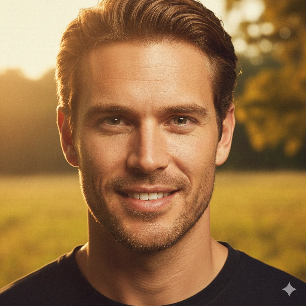 Golden Hour Cinematic Portrait Photorealistic AI generation example for Cinematic Portrait - PROMPT: Transform the uploaded image into a cinematic golden hour portrait using ultra realistic war...