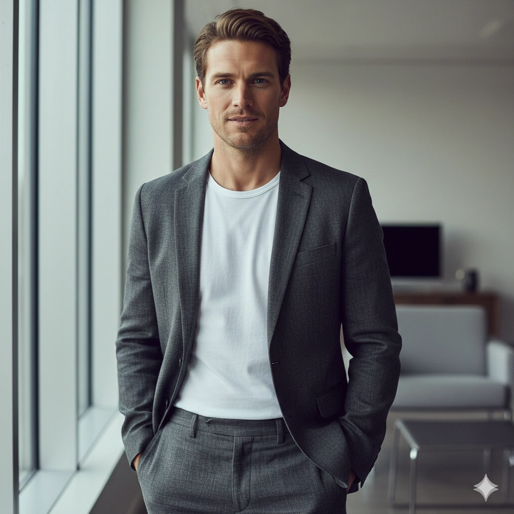 Window Light Cinematic Portrait AI generation example for Cinematic Portrait - PROMPT: Create an ultra realistic cinematic portrait of a confident young man standing near a large ...