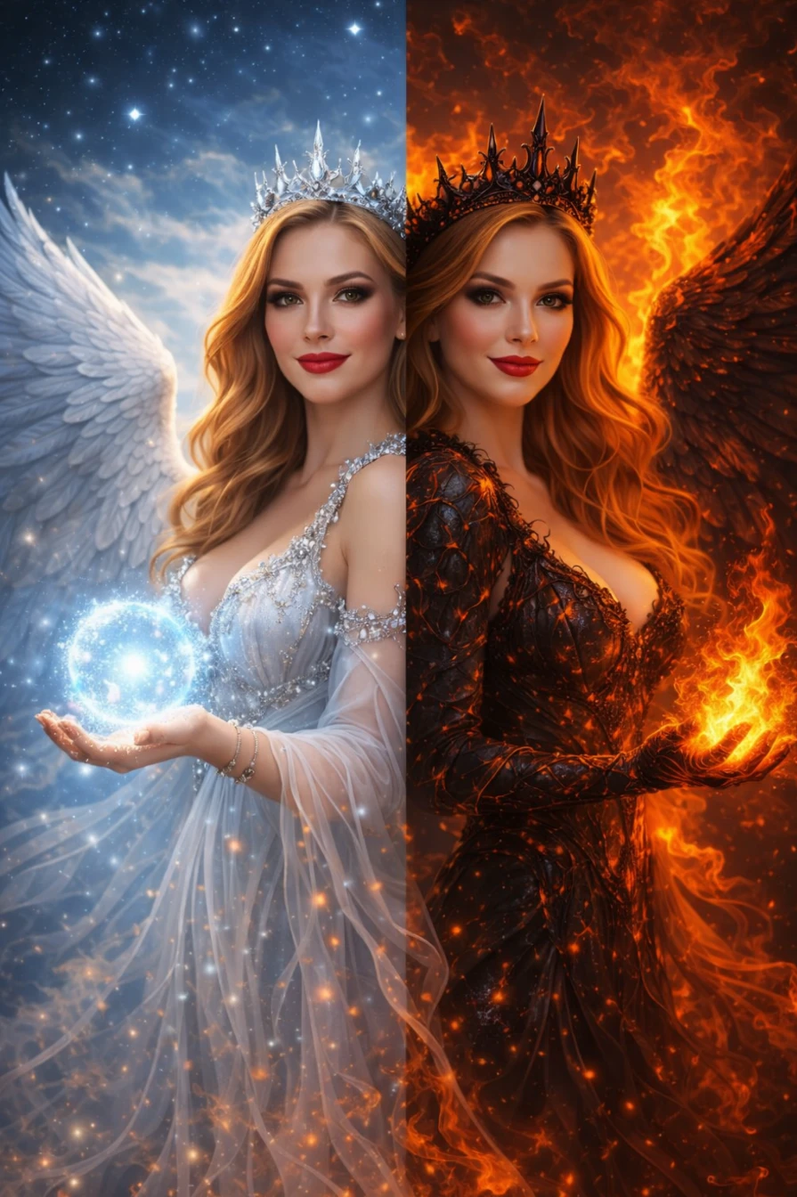 Twin Sovereigns Light Cinematic Portrait Photorealistic 8K AI generation example for Cinematic Portrait - Ultra-realistic dual-character fantasy portrait of the same woman split into two opposing elemental ...