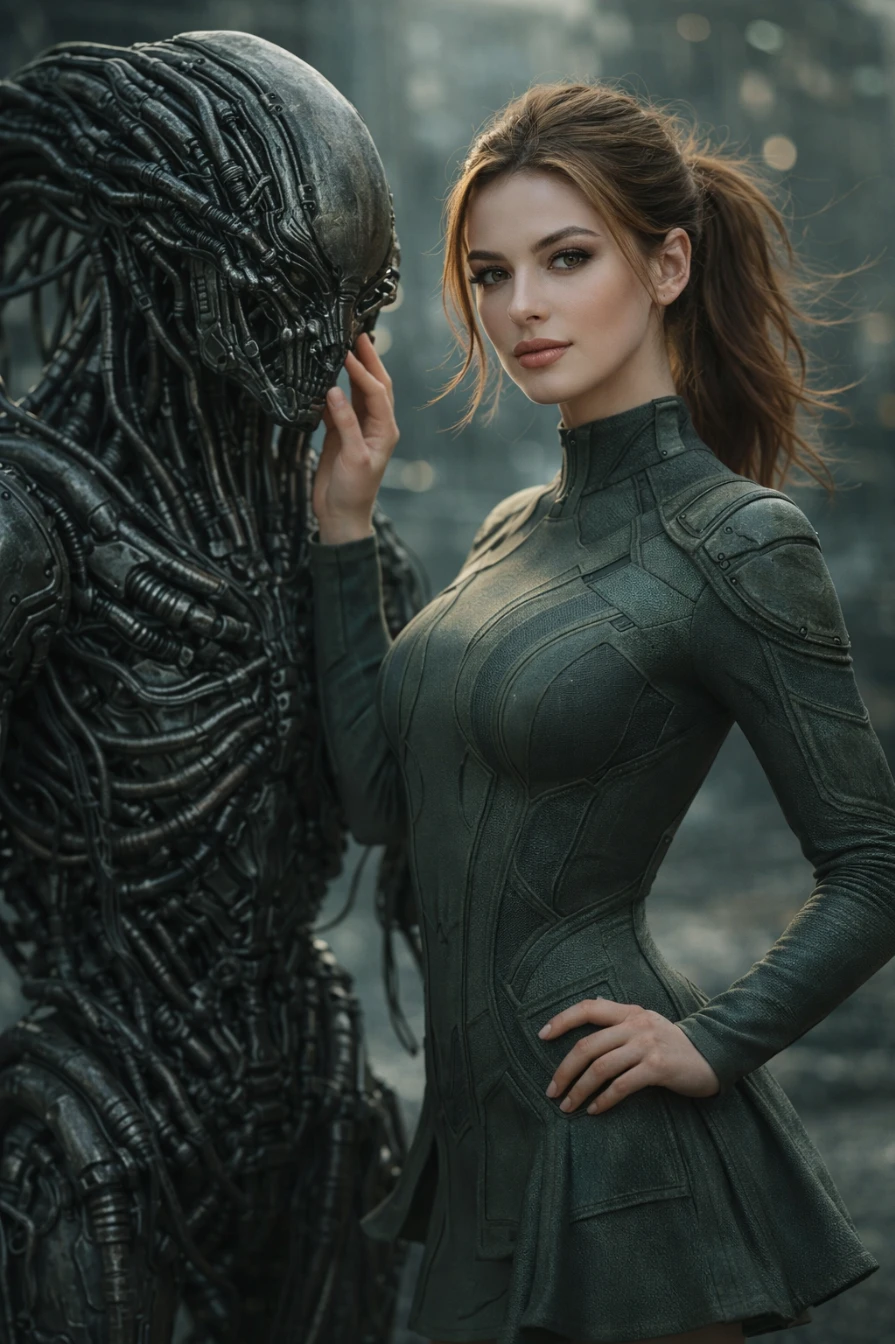 UltraRealistic SciFi Cinematic Portrait Photorealistic 8K AI generation example for Cinematic Portrait - Ultra-realistic cinematic portrait of a young adult woman (early 20s) standing beside a biomechanica...