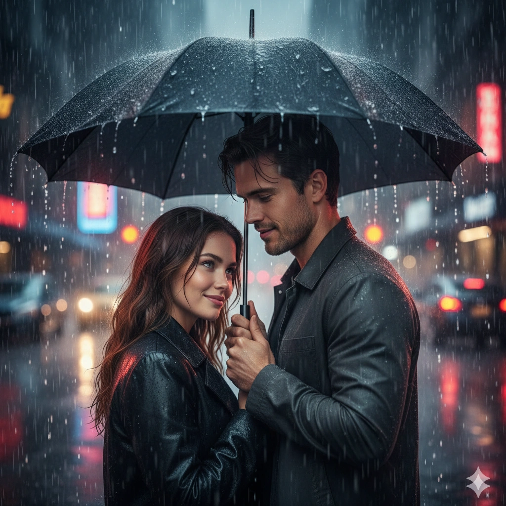 Sunset Couple Cinematic Portrait AI generation example for Couple Portrait - PROMPT: Generate a dramatic portrait of the couple standing together under an umbrella in the rain, ...
