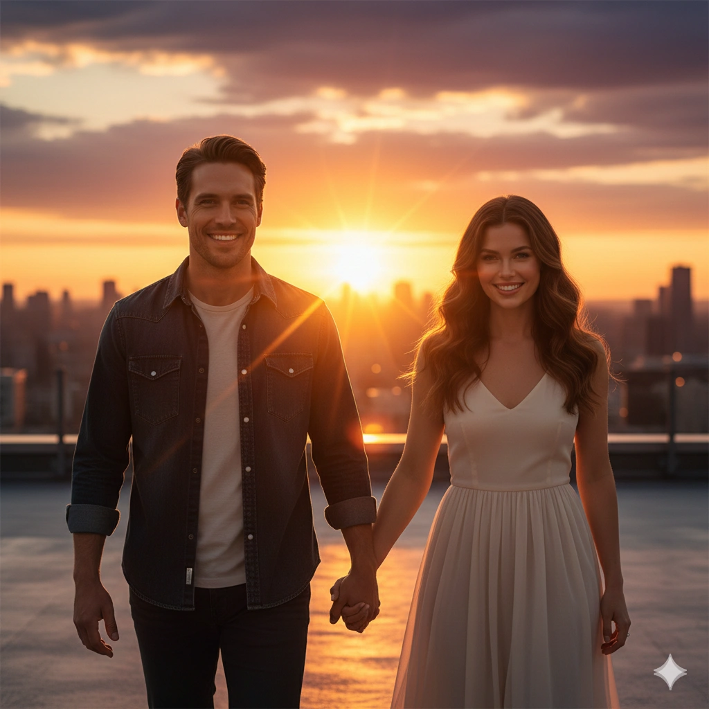 Sunset Couple Cinematic Portrait Photorealistic 8K AI generation example for Couple Portrait - PROMPT: Create a stunning cinematic portrait showing a couple (with the reference person as one part...