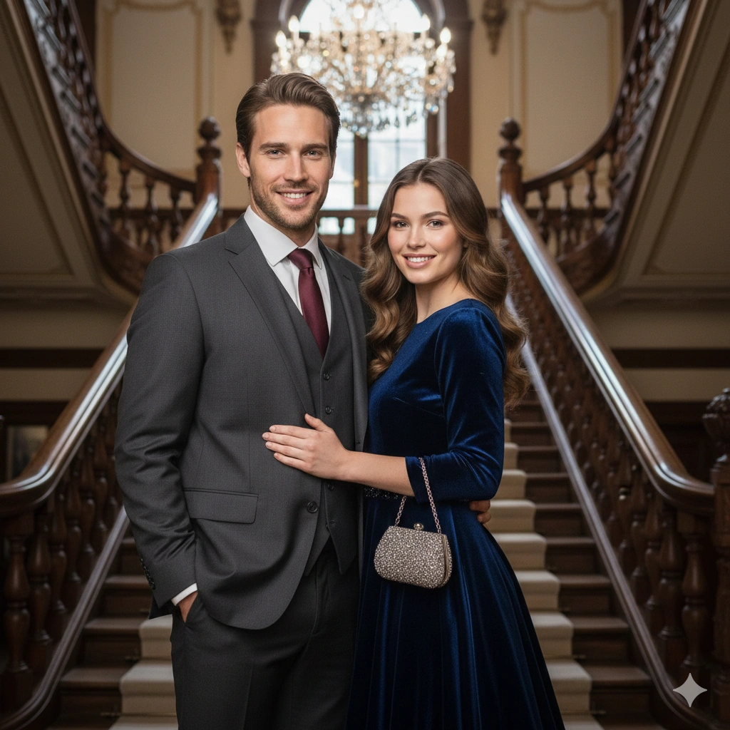 Sunset Couple Cinematic Portrait AI generation example for Couple Portrait - PROMPT: Generate an elegant portrait of the couple dressed formally, the young man in a suit and the...