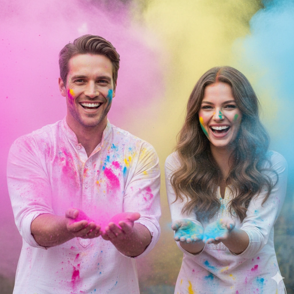 Sunset Couple Cinematic Portrait AI generation example for Couple Portrait - PROMPT: Create a vibrant festival portrait of a couple (reference person as one partner) during Holi...