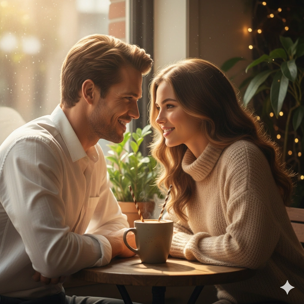 Cozy couple cafe Portrait Cinematic AI generation example for Couple Portrait - PROMPT: Generate a cozy romantic portrait of a couple (the reference person as one of them) sitting ...