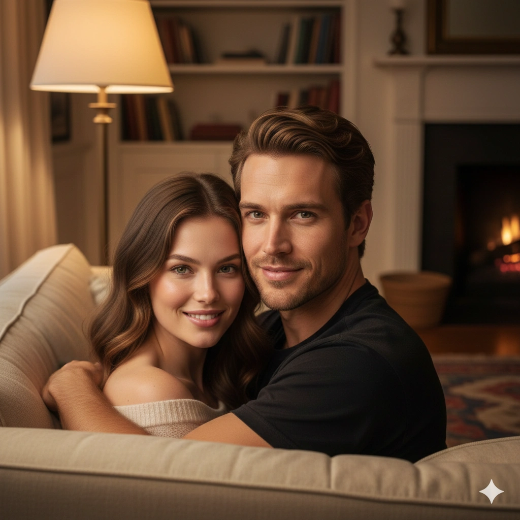Sunset Couple Cinematic Portrait AI generation example for Couple Portrait - PROMPT: Generate a cozy indoor portrait of the couple sitting close together on a sofa, the young ma...