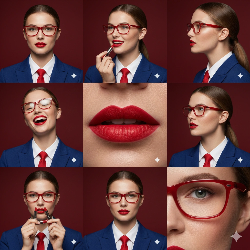 Red Elegance Campaign Editorial Portrait Photorealistic 8K AI generation example for Editorial Portrait - **STRICT FACE LOCK:** Use only the provided facial reference image with absolute precision across al...