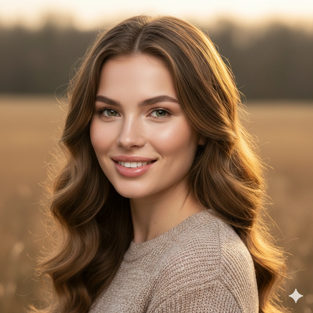 Golden Hour Cinematic Editorial Portrait AI generation example for Editorial Portrait - PROMPT: Generate a natural light editorial portrait of the young woman outdoors, captured during gol...