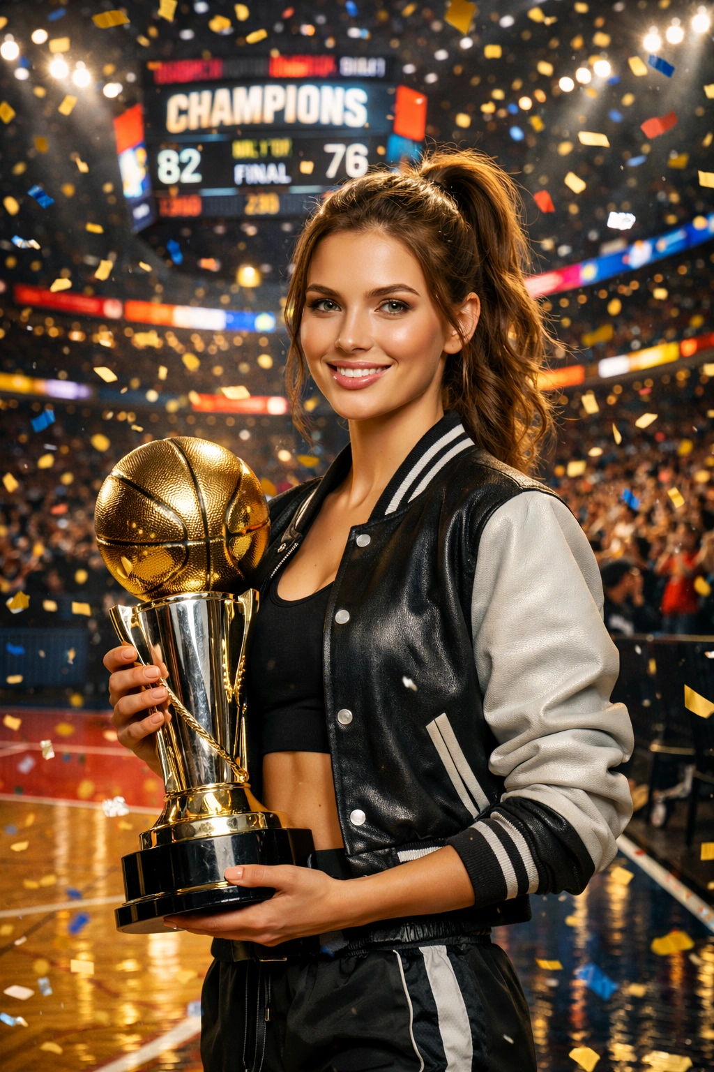 March Madness Championship Event Portrait Cinematic AI generation example for Event Portrait - PROMPT: Create a portrait of the woman from the provided reference image. Do not alter any facial fe...