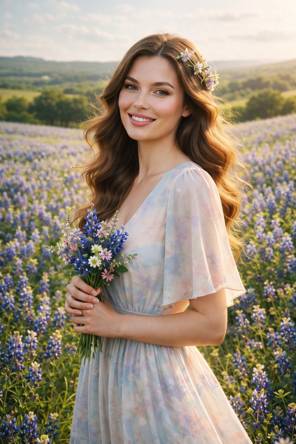 Texas Bluebonnet Spring Event Portrait Photorealistic 8K AI generation example for Event Portrait - PROMPT: Create a portrait of the woman from the provided reference image. Do not alter any facial fe...