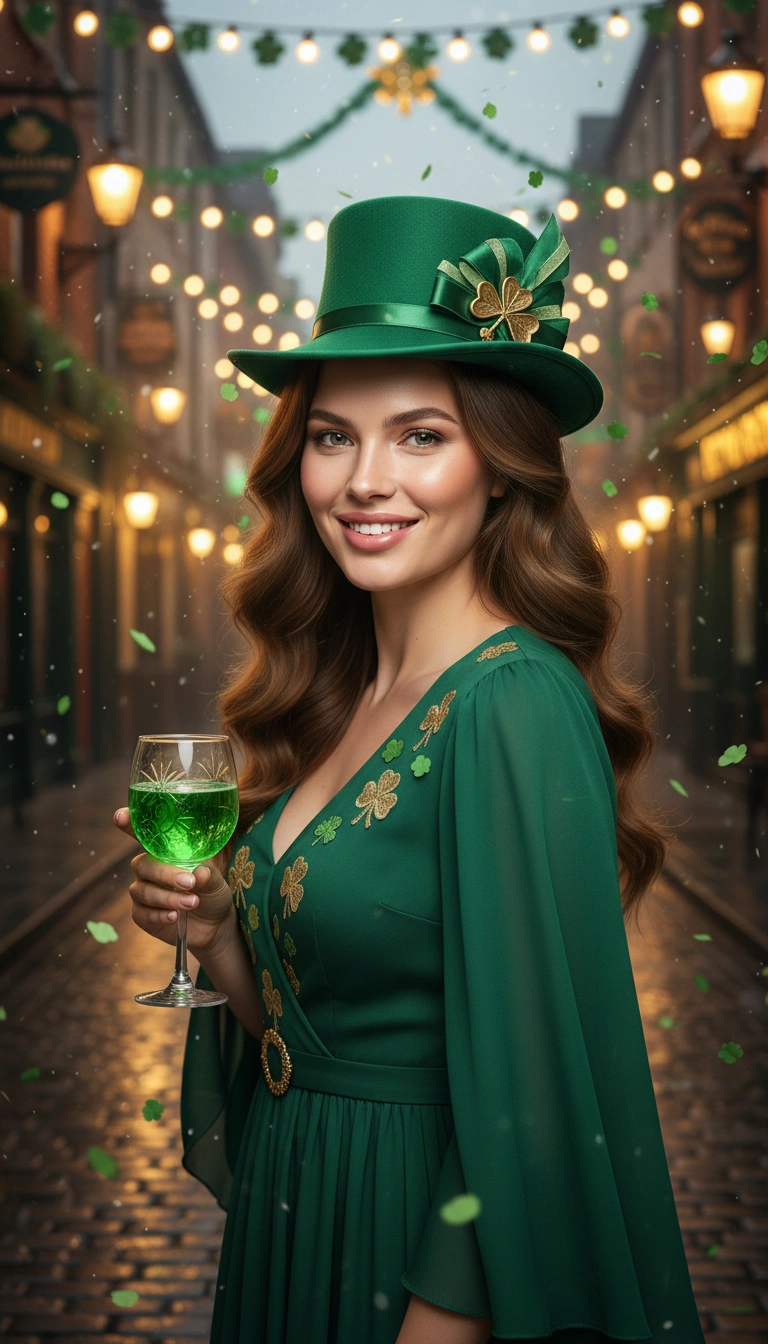 Patricks Day Celebration Event Portrait Cinematic AI generation example for Event Portrait - PROMPT: Create a portrait of the woman from the provided reference image. Do not alter any facial fe...