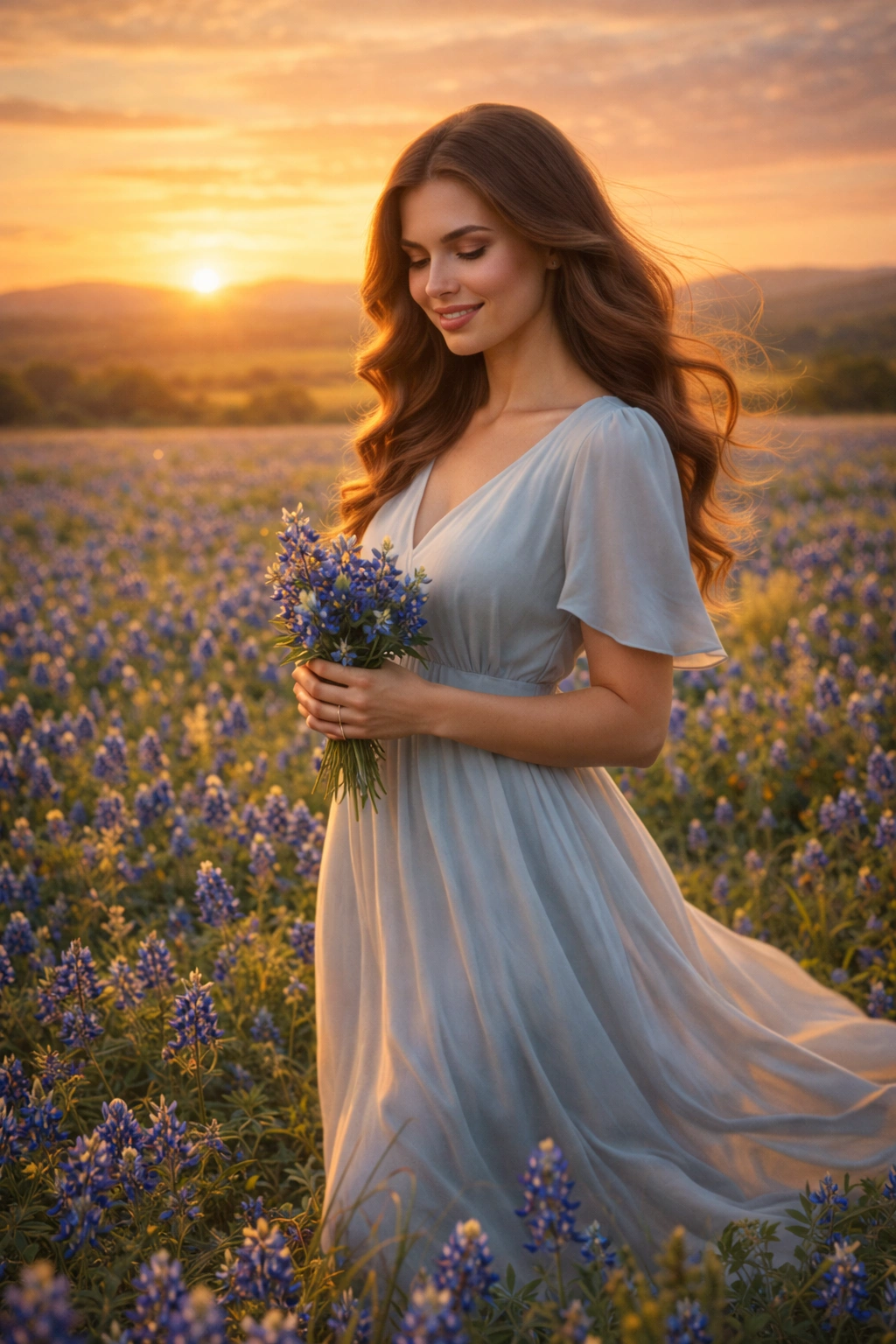 Texas Bluebonnet Wildflower Event Portrait Cinematic AI generation example for Event Portrait - PROMPT: Create a portrait of the woman from the provided reference image. Do not alter any facial fe...