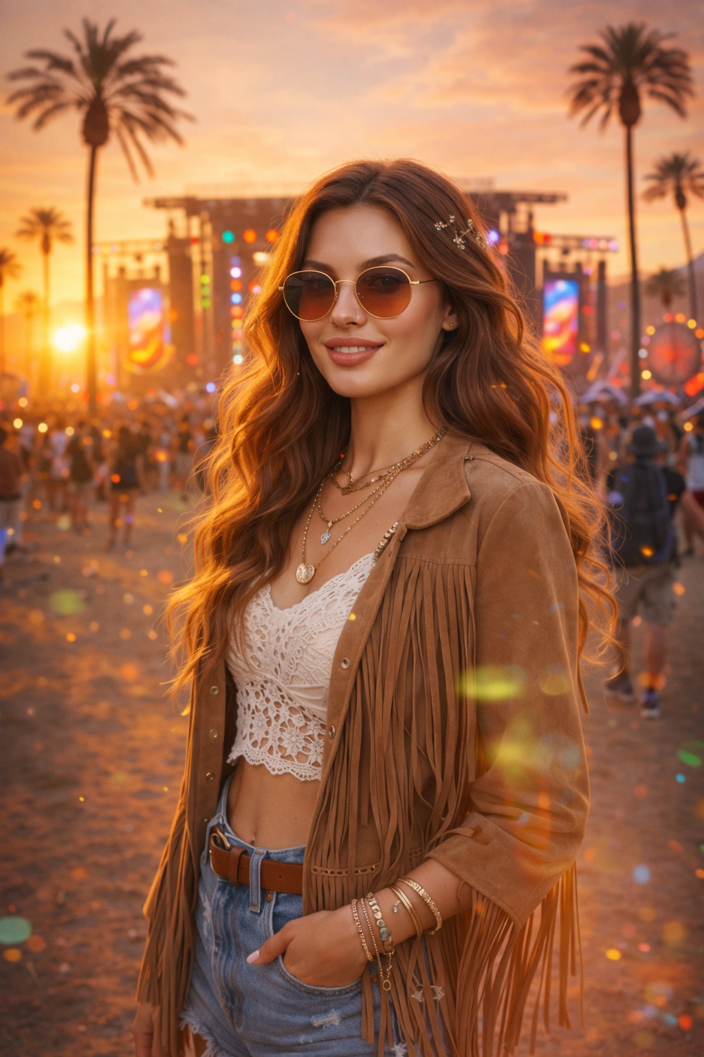 Coachella Desert Music Event Portrait Cinematic AI generation example for Event Portrait - PROMPT: Create a portrait of the woman from the provided reference image. Do not alter any facial fe...