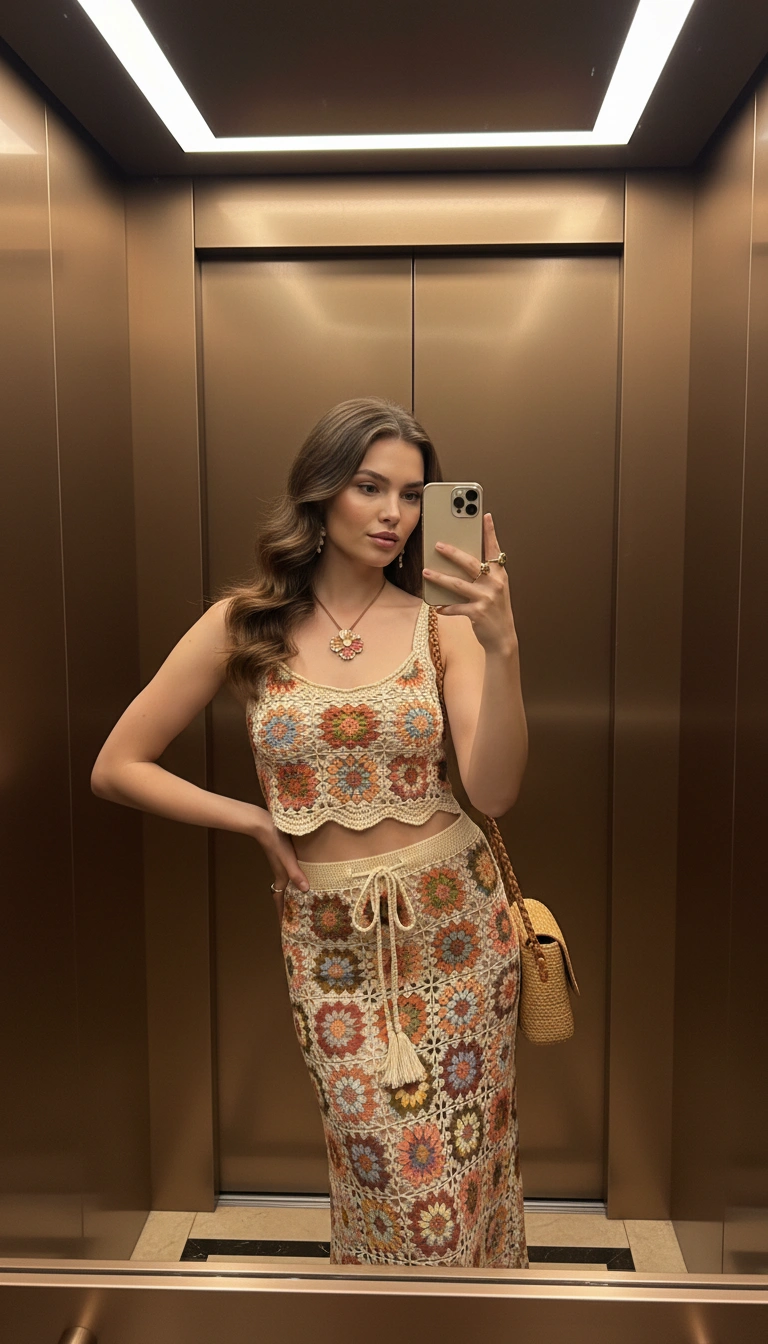 Ivory Crochet Dress Fashion Portrait AI generation example for Fashion Portrait - PROMPT: Create a portrait of the woman from the provided reference image. Do not alter any facial fe...