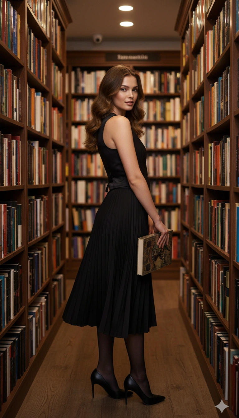Bookstore Fashion Portrait AI generation example for Fashion Portrait - PROMPT: Create a portrait of the woman from the provided reference image. Do not alter any facial fe...