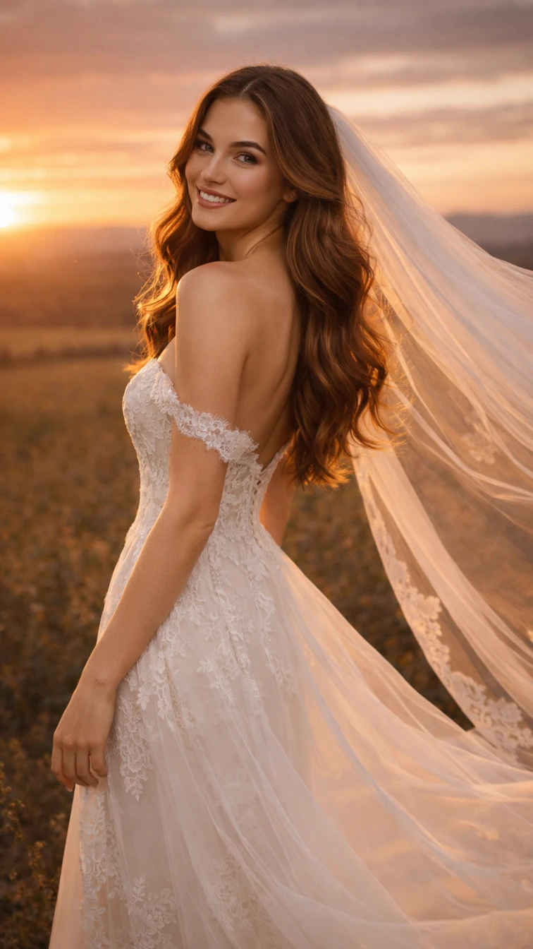 Bridal Wedding Style Female Portrait AI generation example for Female Portrait - {
  "outfit": {
    "description": "white bridal gown with long flowing veil",
    "details": "la...