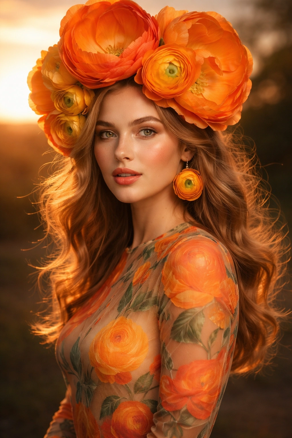 Orange Blossom Beauty Female Portrait Cinematic 8K AI generation example for Female Portrait - A highly detailed portrait of a real-life young woman wearing an extravagant floral headpiece made o...