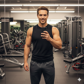 Google Gemini Gym Boy Portrait Cinematic AI generation example for Gym Portrait - STRICT FACE LOCK: Use only the provided facial reference image with absolute precision do not alter ...