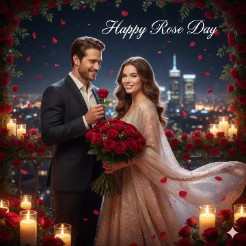 Moonlight Rose Day Happy Cinematic 8K AI generation example for Happy Rose Day - STRICT FACE LOCK: Use only the provided facial reference image with absolute precision do not alter ...