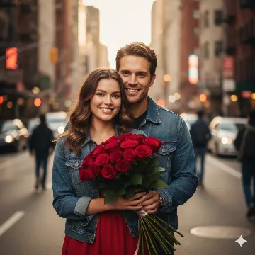 City Lights Red Happy Rose Day Cinematic Photorealistic AI generation example for Happy Rose Day - Create a fully photorealistic, cinematic urban Rose Day portrait set on a lively city street during ...
