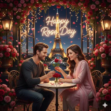 Paris Rose Confession Happy Day Cinematic 8K AI generation example for Happy Rose Day - STRICT FACE LOCK: Use only the provided facial reference image with absolute precision do not alter ...