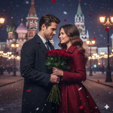 Moscow Bloom Cinematic Happy Rose Day AI generation example for Happy Rose Day - STRICT FACE LOCK: Use only the provided facial reference image with absolute precision do not alter ...