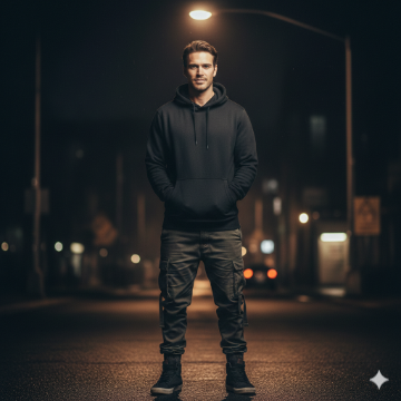 Google Gemini AI Hoodie Boy Night Portrait Photo Editing Prompt AI generation example for Hoodie Boy - STRICT FACE LOCK: Use only the provided facial reference image with absolute precision do not alter ...