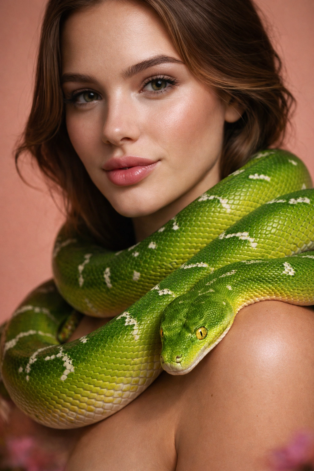 Green tree python Hot Girl Portrait 8K AI generation example for Hot Girl Portrait - PROMPT:

A hyper-realistic studio macro portrait of a subject with a vibrant Green Tree Python coi...