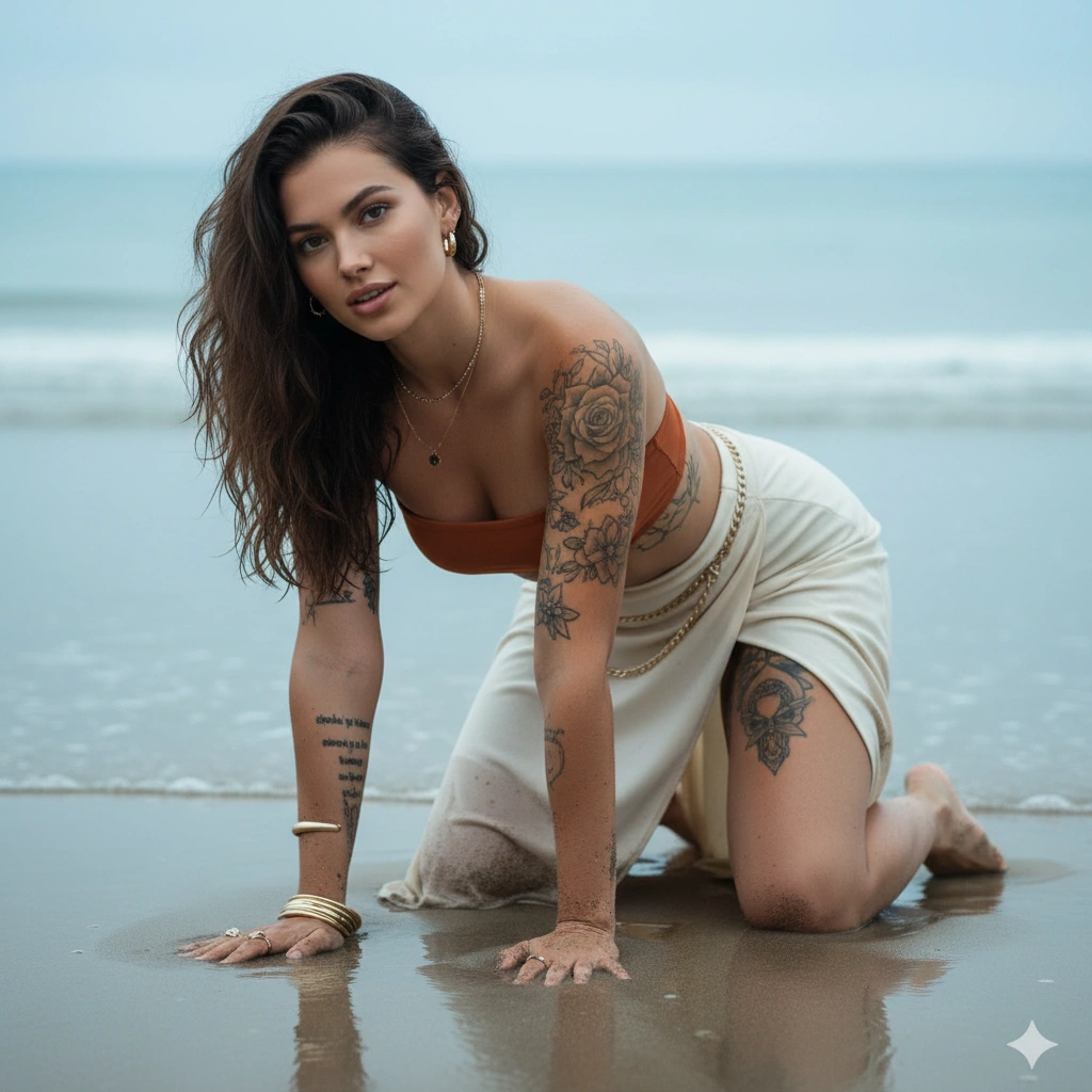 Blue Hour Beach Hot Girl Portrait Cinematic Photorealistic AI generation example for Hot Girl Portrait - SUBJECT DESCRIPTION:
A woman is kneeling on damp beach sand, leaning forward with her weight suppor...