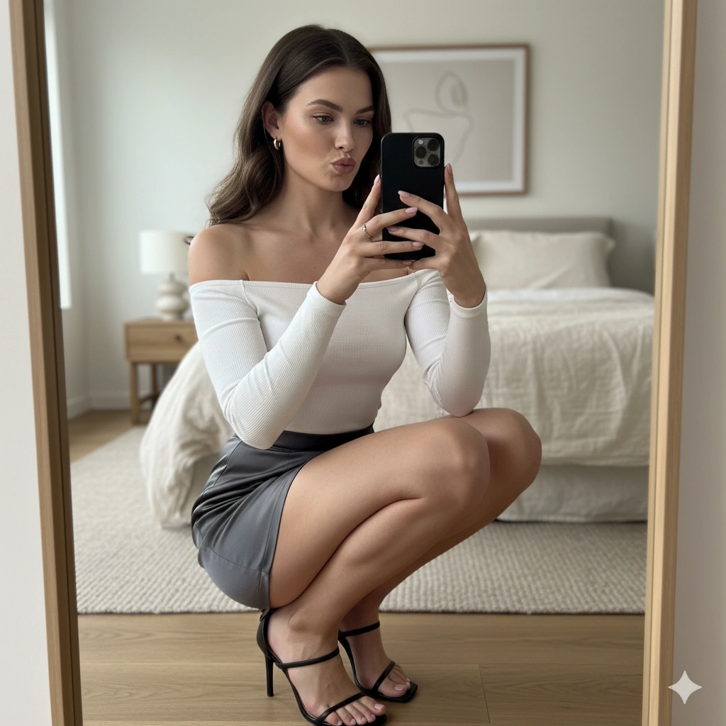 Candid Squat Mirror Hot Girl Portrait Cinematic AI generation example for Hot Girl Portrait - **SUBJECT DESCRIPTION:**
Ultra-realistic candid bedroom mirror selfie portrait based on the uploade...