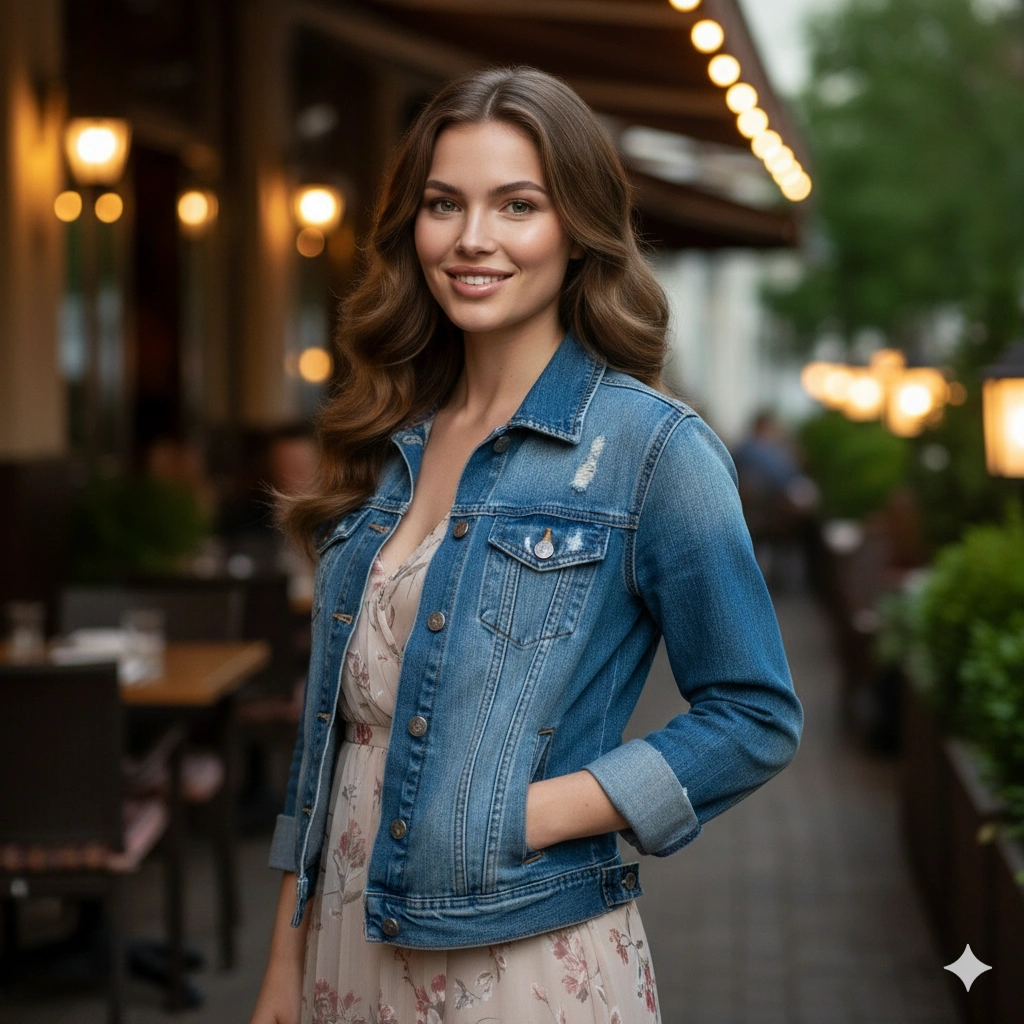 Midi Dress Denim Hot Girl Portrait Cinematic AI generation example for Hot Girl Portrait - PROMPT: Photorealistic portrait of a fashionable woman wearing a flowing midi dress layered with a c...