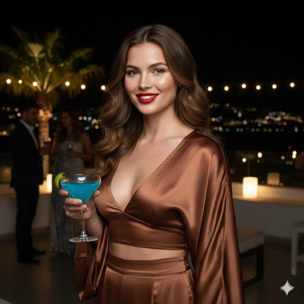 Mykonos Night Party Hot Girl Portrait Cinematic AI generation example for Hot Girl Portrait - PROMPT: Photorealistic portrait of a glamorous woman at a night party in Mykonos wearing a silky bro...