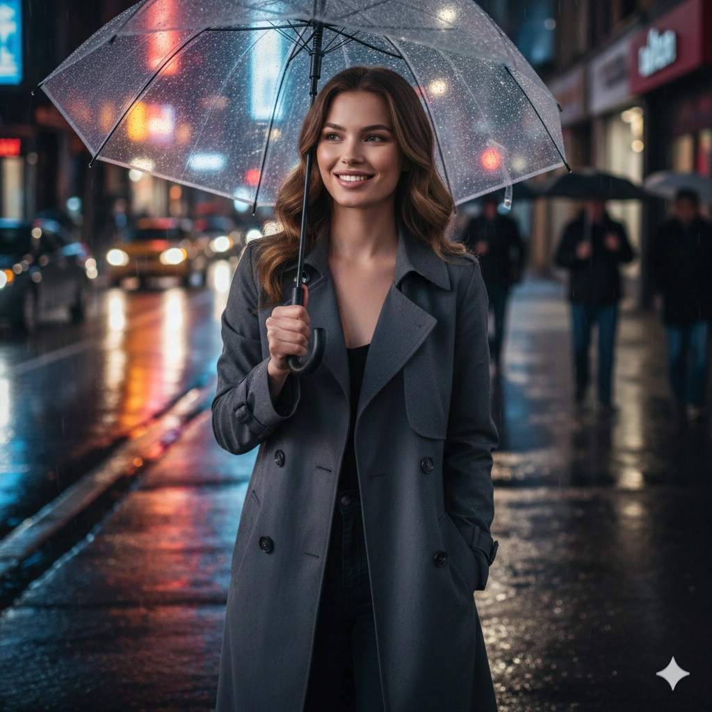 Rainy Street Mood Hot Girl Portrait Cinematic AI generation example for Hot Girl Portrait - PROMPT: Generate a cinematic portrait of a young woman walking through a rainy city street at night ...