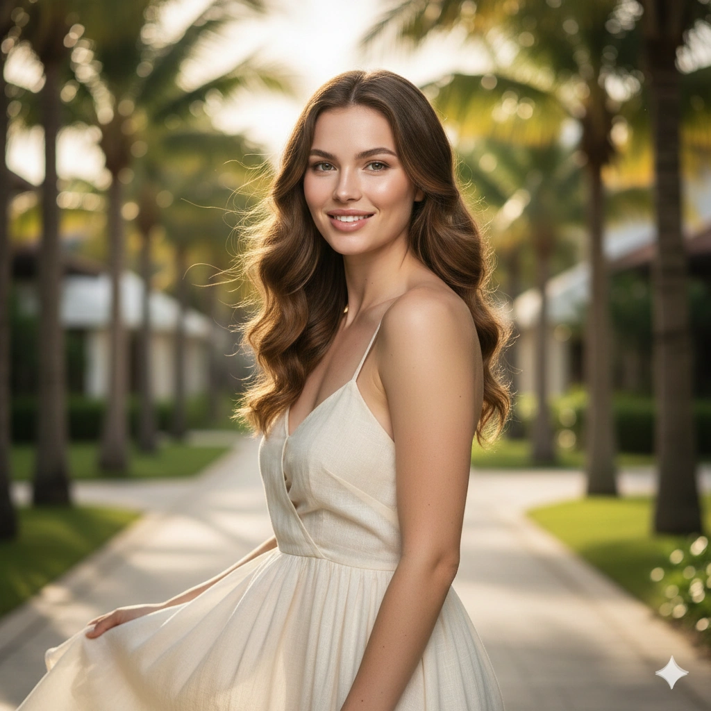 Tropical Resort Fashion Hot Girl Portrait Cinematic AI generation example for Hot Girl Portrait - PROMPT: Generate a photorealistic tropical resort portrait of a young woman standing near palm-lined...