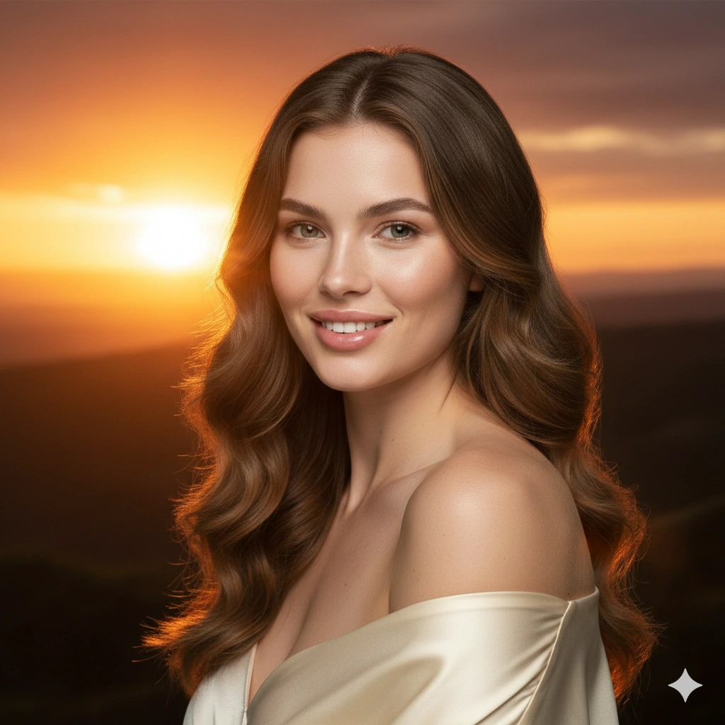 Golden Sunset Silhouette Hot Girl Portrait Cinematic AI generation example for Hot Girl Portrait - PROMPT: Generate a cinematic golden sunset portrait of a stylish young woman standing against a glow...