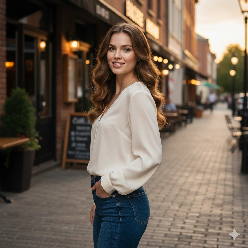 Classic Jeans Pretty Hot Girl Portrait Cinematic AI generation example for Hot Girl Portrait - PROMPT: Photorealistic fashion portrait of a stylish woman wearing well-fitted dark blue jeans and a...